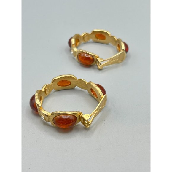 Signed Kenneth Lane Clip On Hoops Earrings Flawed Faux Carnelian Cabochons - Picture 7 of 9